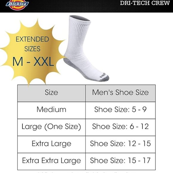 NEW Dickies Men's Dri-Tech Moisture Control Crew Socks 6 Pack Size XL White - Picture 5 of 11